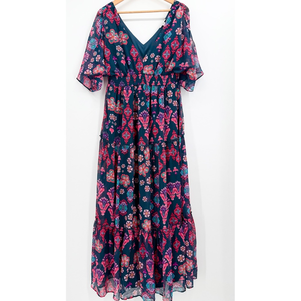 VENUS Women's Size M Teal Floral Boho Chiffon Maxi Dress Smocked Waist Flutter
